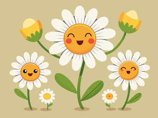 Cartoon daisy flowers. Flower retro face, smile happy chamomile characters. Cute kids floral plant emotion. Trendy white petal, spring orange faces. Vector set
