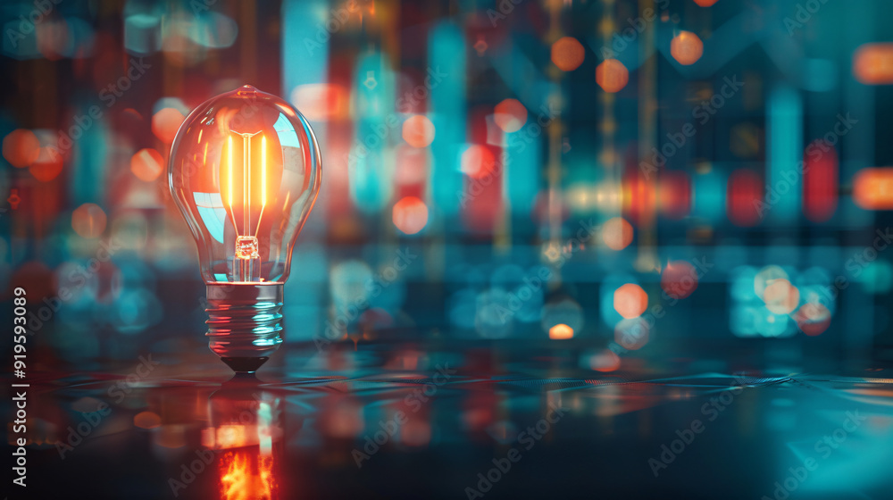 Aufkleber glowing light bulb is illuminating charts in the background, representing a financial idea