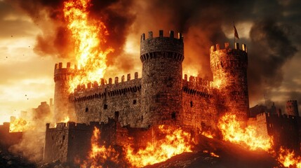 Fototapeta premium A castle is on fire with a large fire tower in the middle