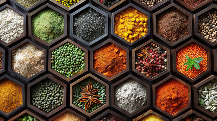 Array of colorful spices arranged in hexagonal cells, showcasing a variety of textures and colors for culinary themes