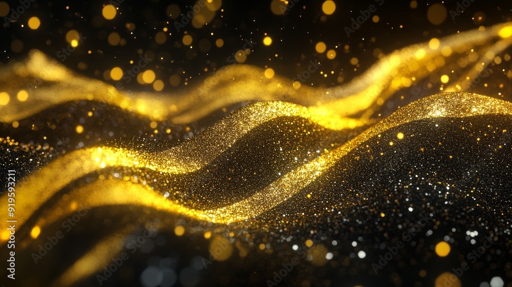 Poster a gold color abstract motion technology background concept featuring digital particles wave flows