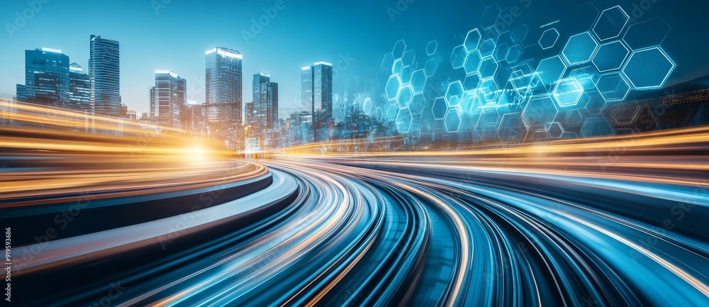 Aufkleber a hexagon grid surrounded by abstract high-speed technology pov motion blur