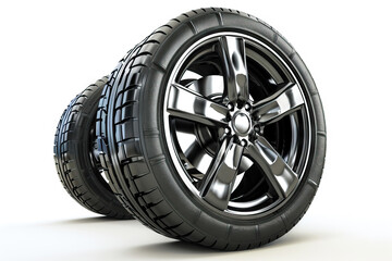 Obraz premium Stack of modern car tires showcasing detailed tread and black rubber, isolated on a white background for automotive displays.
