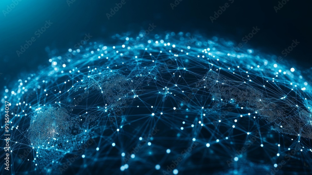 Poster concept of global world networks in communications technology. motion of digital data flow around ea