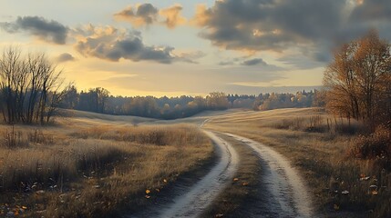 Fototapeta premium A Winding Dirt Road Through a Golden Field at Sunset