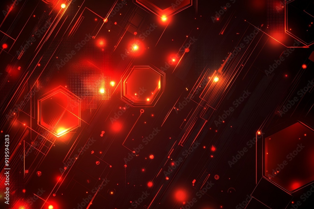 Poster various technological elements on a hexagonal red technology background. innovation in high-tech com