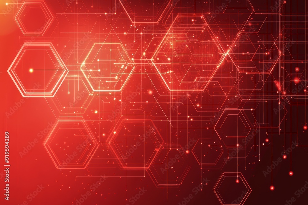 Poster digital technology and engineering concept. a hexagonal red technology background with various techn