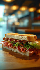A sandwich on a diner table. Details, close-up, photorealistic, 8K
