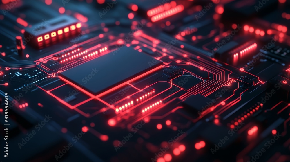 Poster a metallic plate and particles background representing high tech digital technology.