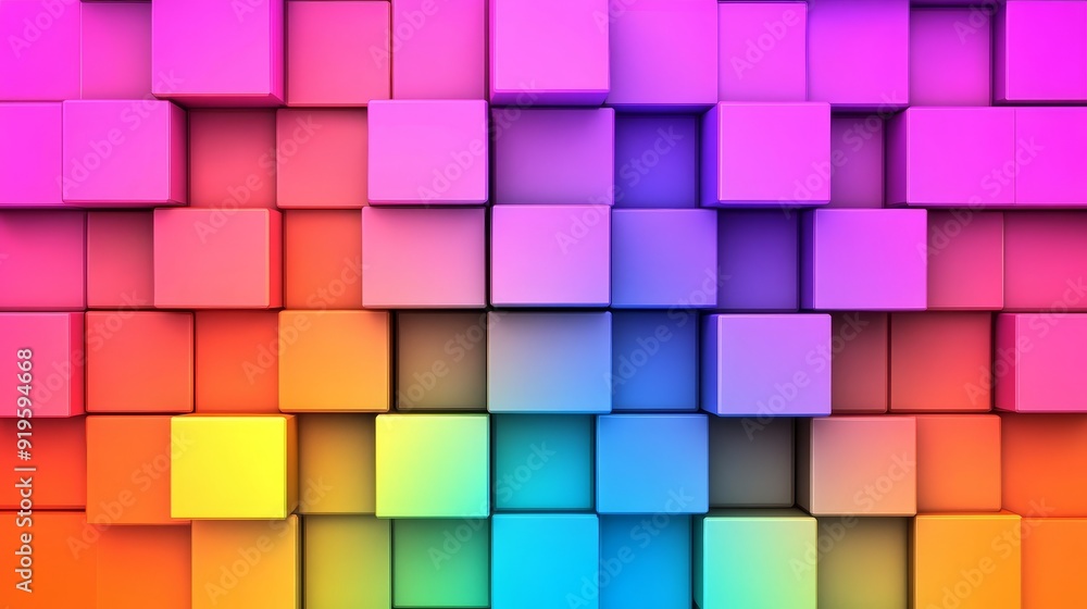 Poster a geometric 3d structure with a multicoloured tech background. the design is simple, bright, and mod