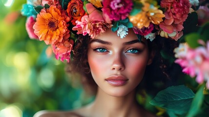 Elegant Woman with Colorful Floral Crown in Lush Green Garden