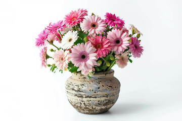 Obraz premium Vibrant gerbera flowers in a rustic vase, displaying a mix of pink and white blossoms that brighten any decor