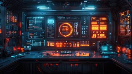 Obraz premium Futuristic Control Room with Neon Lights, Interactive Screens, and Advanced Technology
