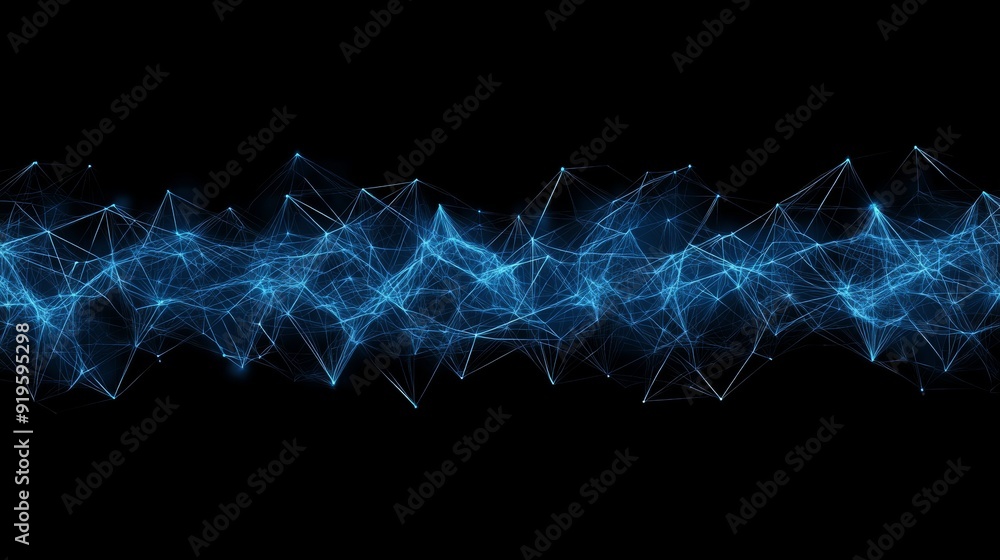 Poster blue technology and communication background with depth of field settings and plexus elements.