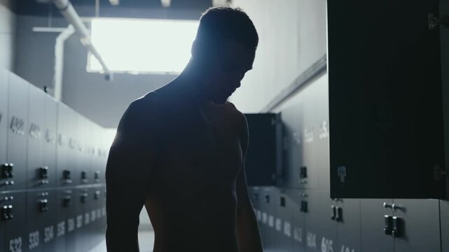 A fit man drinks water in the gym locker room after a workout, highlighting hydration and post-exercise relaxation in an athletic environment. Man Drinking Water in Gym After Workout for Hydration