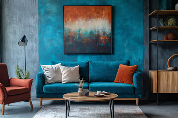 Teal Sofa with Abstract Painting in Living Room.