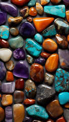 A close-up image of semi-precious stones, showcasing their rich colors, unique textures, and intricate patterns, highlighting their natural beauty and distinct characteristics.