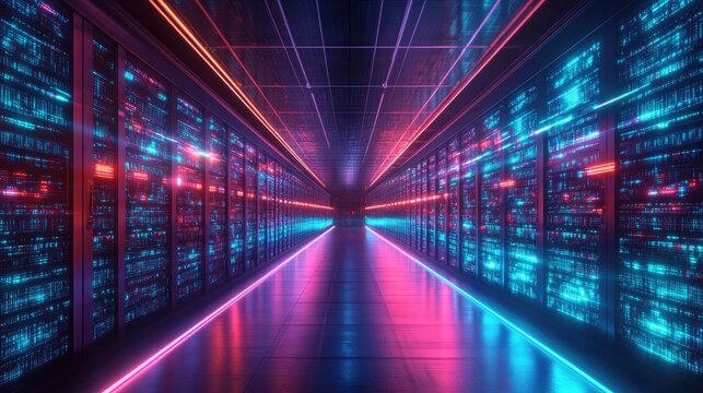 Futuristic Data Center with Neon Lights and Digital Servers in a Symmetrical Perspective