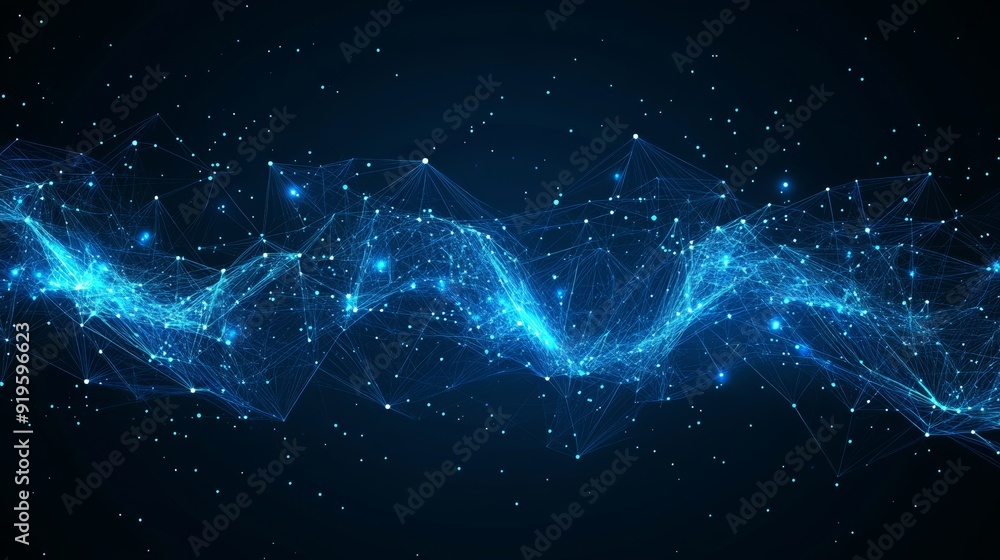 Poster protect internet network connection with polygons, dots, and lines on dark blue background, center f