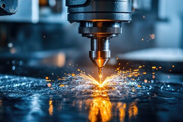 A drill bit cuts through liquid, creating sparks in a workshop setting