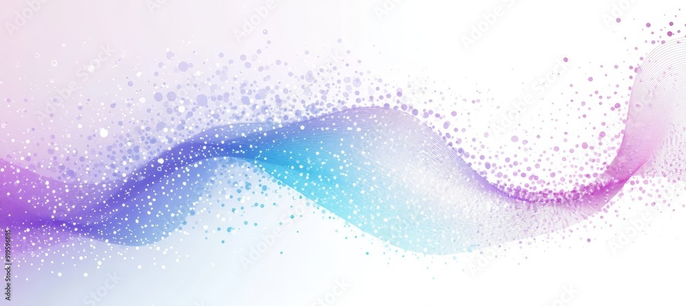 Poster flowing curve pattern with dot particles on a colorful gradient blue purple pink background in moder