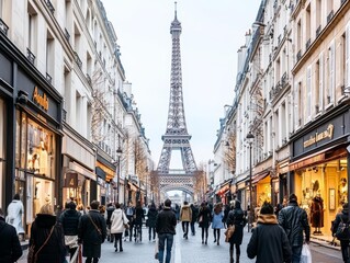 A bustling street in Paris with the Eiffel Tower visible in the background