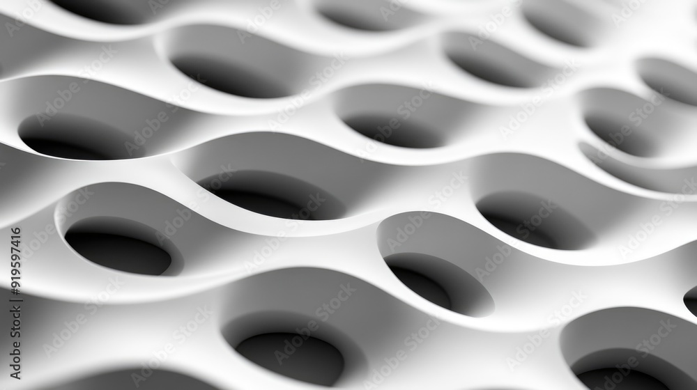 Poster geometric shapes create a rhythmic white wave pattern on a sleek surface