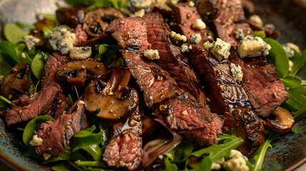 Mouthwatering salad featuring grilled steak, mushrooms, and blue cheese crumbles up close