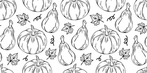Vector seamless pattern with outline pumpkins in doodle style. Line art fall background. Thanksgiving design. Autumn pumpkin.