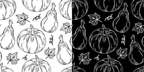 Vector seamless pattern with outline pumpkins in doodle style. Line art fall background. Thanksgiving design. Autumn pumpkin.