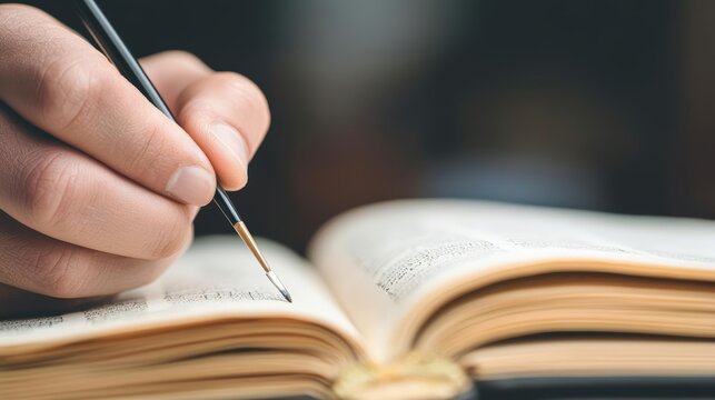 A close-up of a hand holding a quill, writing in an ancient book with yellowed pages