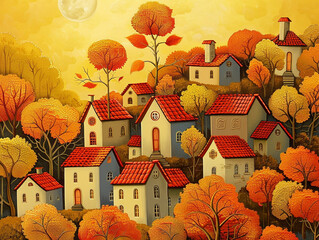 A painting of a small town with houses and trees in the background. The houses are all different sizes and colors, and there is a large moon in the sky. The mood of the painting is peaceful and serene