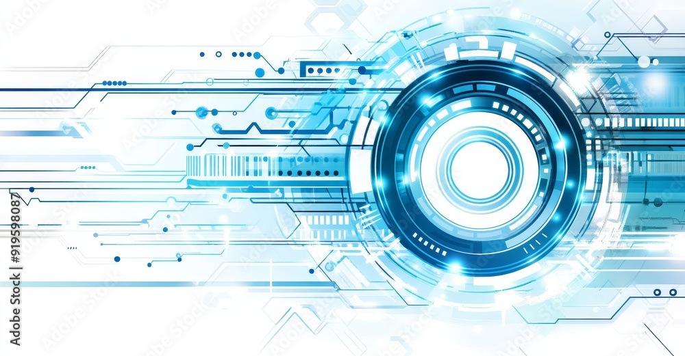 Poster an abstract blue background with circuit boards and circles illustrates computer technology