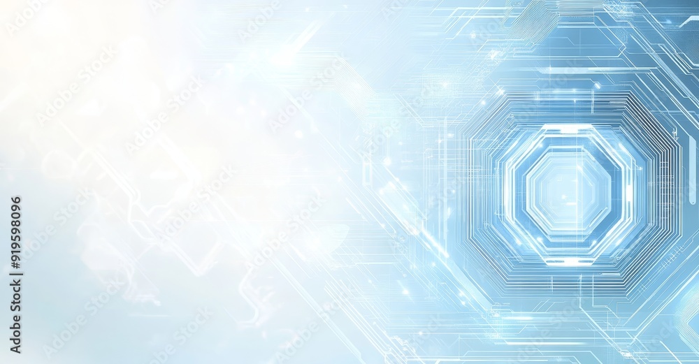 Poster illustration of elements of computer technology on an abstract blue background with circuit board an