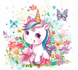 Baby unicorn with flowers illustration