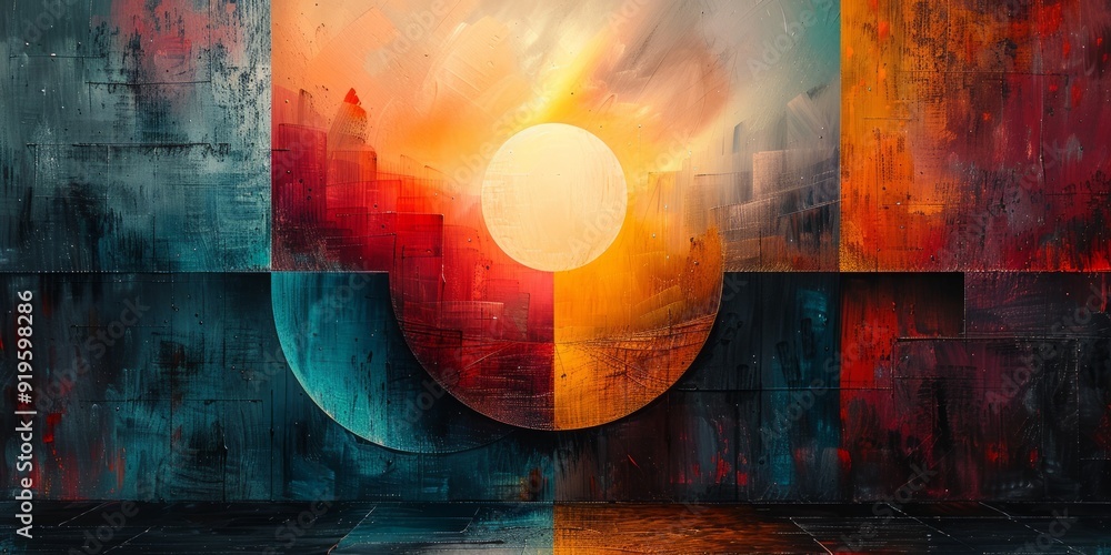 Poster abstract painting with a harmonious blend of shapes and colors, creating a visually balanced and coh