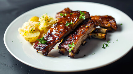 Grilled and glazed spareribs served with sauerkraut and potatoes on a white plate