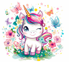 Baby unicorn with butterflies illustration