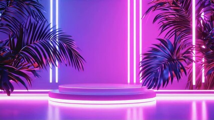 Vibrant tropical scene podium presentation with pink background, palm trees, and neon arches. Perfect for summer event promotions and exotic themes.