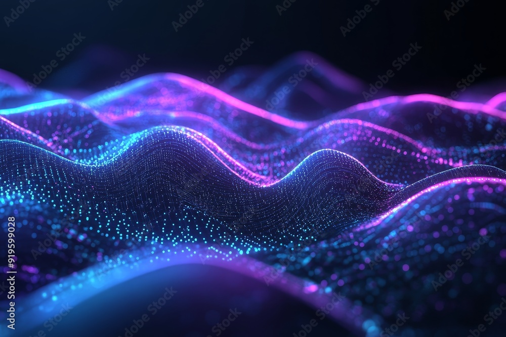 Poster graph blocks linked to a metaverse wave background. neon and blue background. cyberspace, data scien