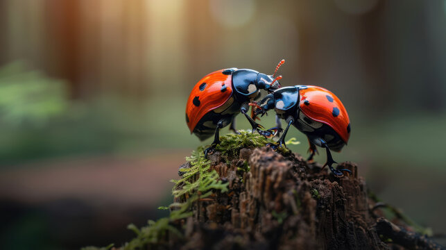 Close-up of two ladybugs interacting on a moss-covered tree stump, highlighting nature’s small wonders and forest life.