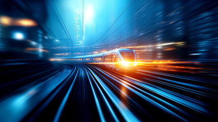 Train traveling through a futuristic cityscape, showcasing motion blur and glowing lights against a sleek background.