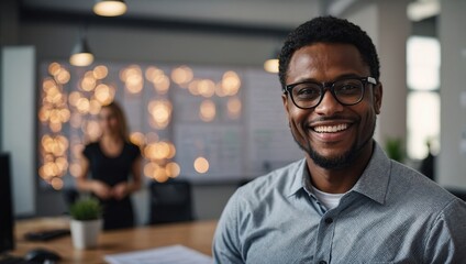 Obraz premium Smile, glasses and portrait of architect in office with information on pinboard at startup. Happy, pride and professional black man with career in architecture working on industrial design project