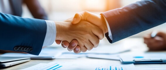 An insight into the financial background of businessmen's handshakes in the teamwork concept, HR recruitment, and outsourcing technologies.