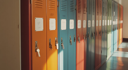 Row of Metal School Lockers in Various Colors with Handles