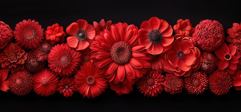 A close up view of a row of red flowers on a black background. The flowers are arranged in a line and are all in bloom. They are vibrant and colorful. 