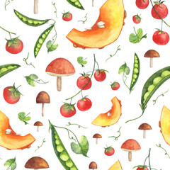 Watercolor seamless pattern with vegetables and mushrooms - autumn ahrvest. Wallpapers design for Thanksgiving and autumn wrapping paper, textile
