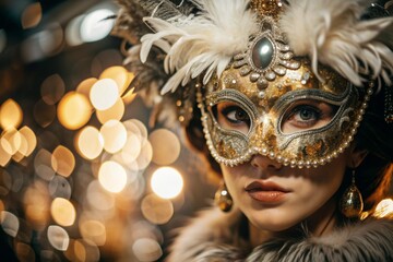 The Venetian Carnival. Close-up of a woman in an ornate carnival mask. Bright colors convey an atmosphere of celebration and luxury.