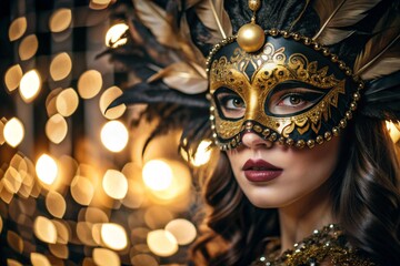 The Venetian Carnival. Close-up of a woman in an ornate carnival mask. Bright colors convey an atmosphere of celebration and luxury.