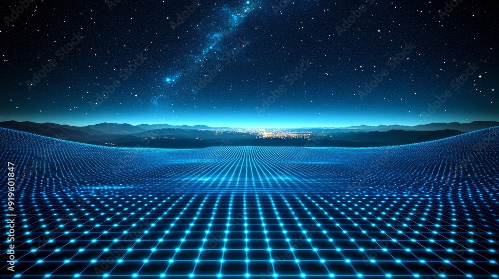Poster an abstract futuristic background featuring technology particles that are constantly in flux, symbol